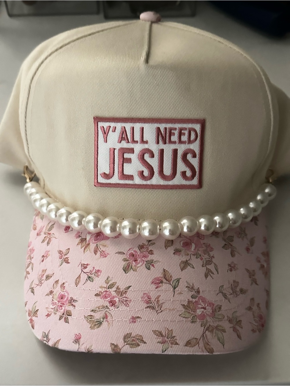 Women's Floral Pink & Cream Baseball Cap with Pearls